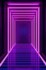 a hallway and a door at the end with neon lights light violet 