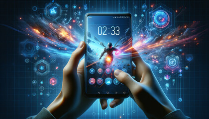 Vibrant Mobile Gaming: Bezel-less smartphone with dynamic game on screen, futuristic interface and digital backdrop.