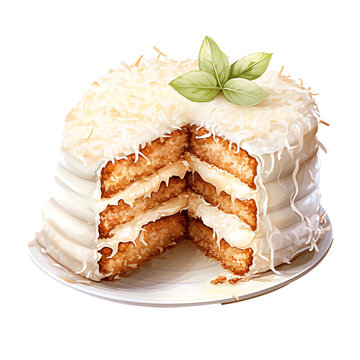 recommend clip art: Watercolor Coconut Cream Cake Cake With Coconut Cream Filling White Col Clipart Tshirt Transparent Sticker Isolated PNG Illustration 
