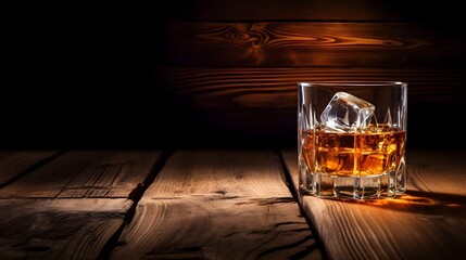 Glass of whiskey with ice cubes served on wooden planks. Vintage countertop with highlight and a glass of hard liquor.