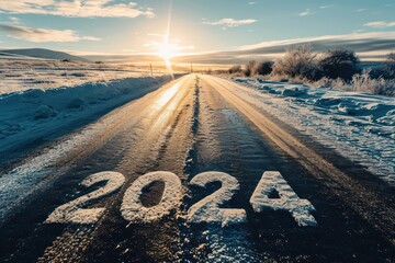 New year big text "2024" or straight forward winter road trip travel and future vision concept,.