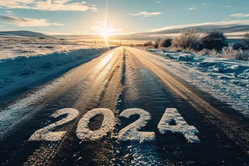 Rolgordijnen New year big text "2024" or straight forward winter road trip travel and future vision concept,. © Dusit