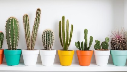 Assortment of Potted Cacti on White Home Shelf