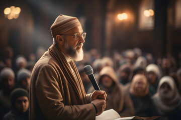 Islamic Imam Conducts a Sermon at the Mosque. Muslim Imam Preaching to the People in the Mosque - obrazy, fototapety, plakaty