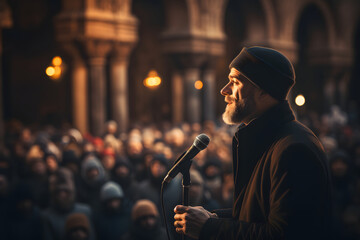 Islamic Imam Conducts a Sermon at the Mosque. Muslim Imam Preaching to the People in the Mosque - obrazy, fototapety, plakaty