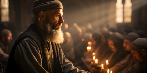 Islamic Imam Conducts a Sermon at the Mosque. Muslim Imam Preaching to the People in the Mosque