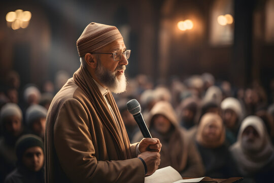 Islamic Imam Conducts a Sermon at the Mosque. Muslim Imam Preaching to the People in the Mosque