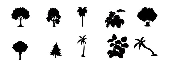 Collection of silhouettes of various types of tree plants. Isolated on White background