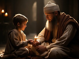 Muslim teacher teaching children at the mosque