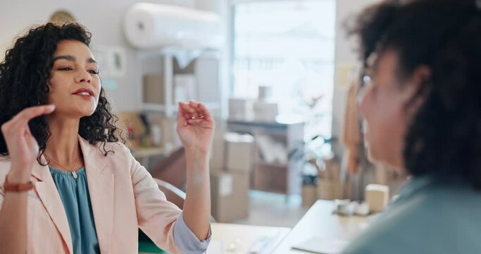 Designer women, handshake and fashion in workshop with list, ideas or collaboration for creativity. Girl partnership, shaking hands and agreement for clothes, fabric or productivity target in factory