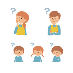 保育士と子供　考える表情セット　イラスト素材