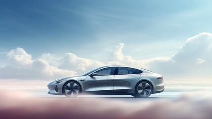 Electric vehicle car or EV car on cloudy blue sky background. Sustainable and renewable energy concept