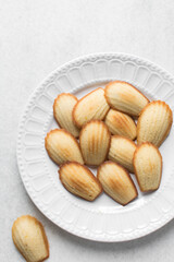 vanilla madeleines on a white plate, plain french vanilla madeleine cake or cookie