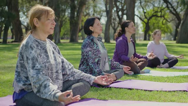 Group of senior women sitting on mats in lotus pose with eyes closed and holding mudras, listening to yoga instructor during outdoor meditation in the park