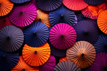 Fototapeta na wymiar Festive Spectrum: Traditional Paper Umbrellas in Abstract Arrangement