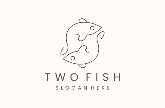 Two Fish logo seafood restaurant menu round icon, fishing emblem minimalist style