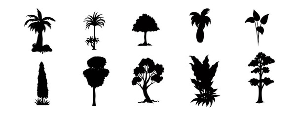 Collection of silhouettes of various types of plants