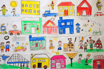 Drawing pictures of cute school building by children