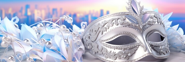 Silver carnival mask on beautiful bokeh background. Mardi gras party, Carnival festival celebration, Venetian mask, Masquerade disguise - obrazy, fototapety, plakaty