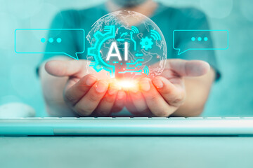 Male hands holding the virtual earth and ai tech with virtual graphics on hand to global internet connect concept of AI technology intelligent robots, chat with AI and Innovation in future learning.