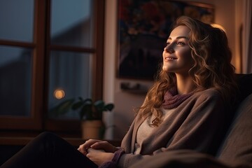 Contemplative Woman Relaxing at Home with Evening Window View