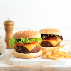 Fresh Homemade Burger on an Old White Wooden Table