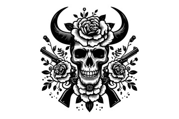 Gun Skull and Flower logo Illustration, Black and white, vector 