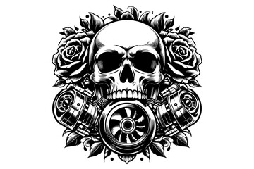 Turbo with Skull and Flower logo Illustration, Black and white, vector 