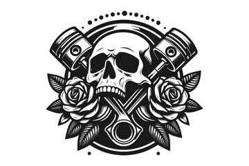 Piston with  Skull and Flower logo Illustration, Black and white, vector 