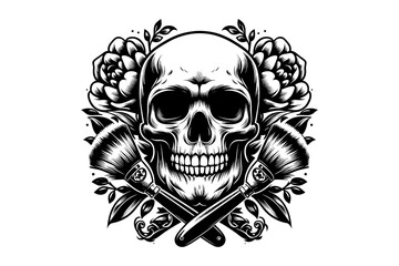 Brush with Skull and Flower logo Illustration, Black and white, vector 