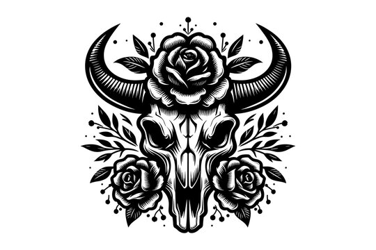 Bull head Skull and Flower logo Illustration, Black and white, vector 