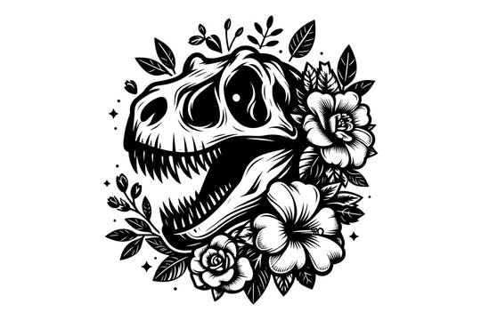 trex head Skull and Flower logo Illustration, Black and white, vector 
