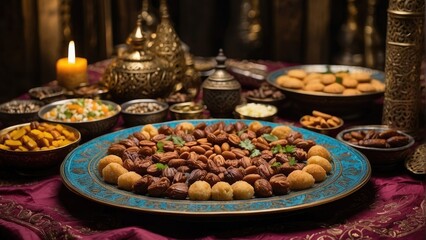 Holy Ramadan food table setting background photo