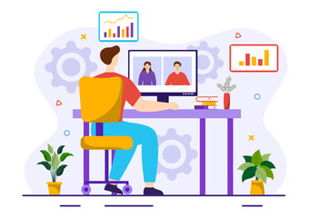 VOIP or Voice Over Internet Protocol Vector Illustration with Telephony Scheme Technology and Network Phone Call Software in Flat Background