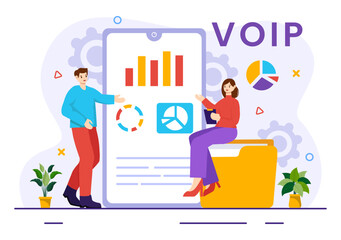 VOIP or Voice Over Internet Protocol Vector Illustration with Telephony Scheme Technology and Network Phone Call Software in Flat Background