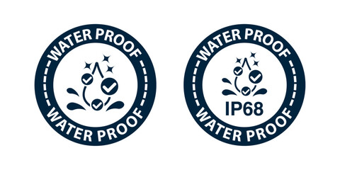 IP66, IP67 and IP68 Waterproof and dustproof protection rating. Water and dust protective capability Label. Water and dust protection level icon and symbol. Vector.