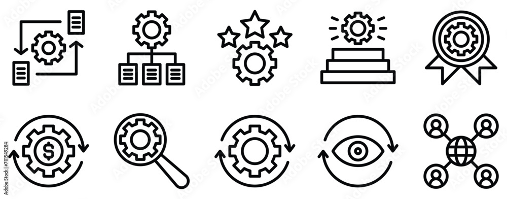 Poster project management line style icon set collection