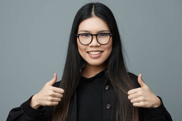Smile woman background beautiful finger pointing portrait glasses asian