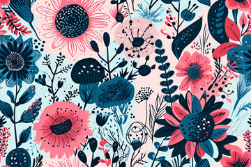 Colorful hand drawing pink blue elements, flowers, shapes and text in the style of risograph native art - obrazy, fototapety, plakaty