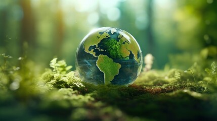 Obraz na płótnie Canvas Eco Friendly Earth on Green Nature Bokeh Background. Planet Globe Earth for Nature Protection, Earth Day, World Environment Day, Save th World. Zero Carbon Dioxide Emissions