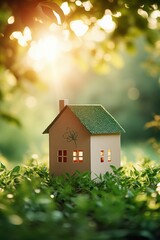 Eco friendly house on green nature bokeh background, Mini house on green grass