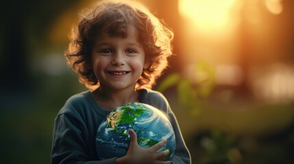 Happy Kid Hugging Planet Earth. Boy Embracing Globe Earth for World Protection, Earth Day, World...