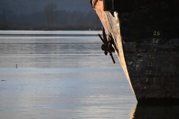 Fototapeta premium Bow of tug boat with water line markings.