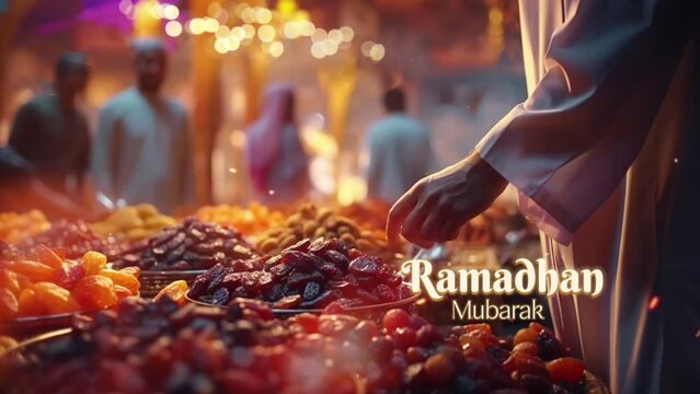 dried dates on the food market with ramadhan mubarak greeting