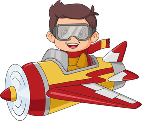 a vintage plane with a young pilot on a white background
