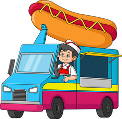 Young man driving Hot Dog Food Truck