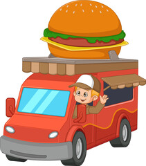 Young man driving hamburger Food Truck
