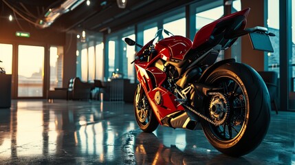 Luxurious Urban Loft with Red Sports Motorcycle, Panoramic Cityscape View at Sunset, and Modern...