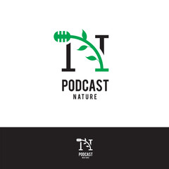 Nature podcast with initial N letter, microphone and leaves icon logo design illustration