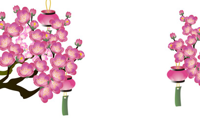 ひな祭りの桃の花と雪洞の提灯のイラスト背景素材